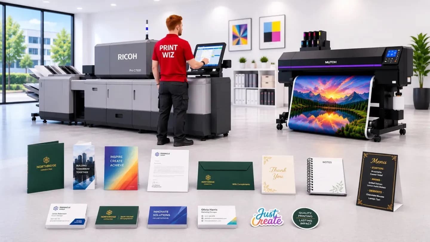 PrintWiz production studio with digital press and printed products